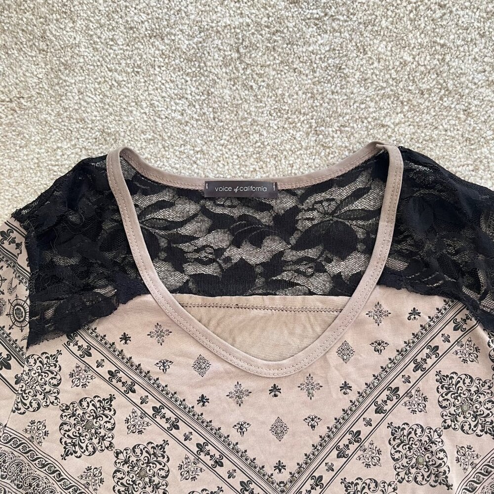 Y2K Whimsygoth Studded Lace Flowy Abstract Black & Brown Long Sleeve Top - Picture 8 of 11